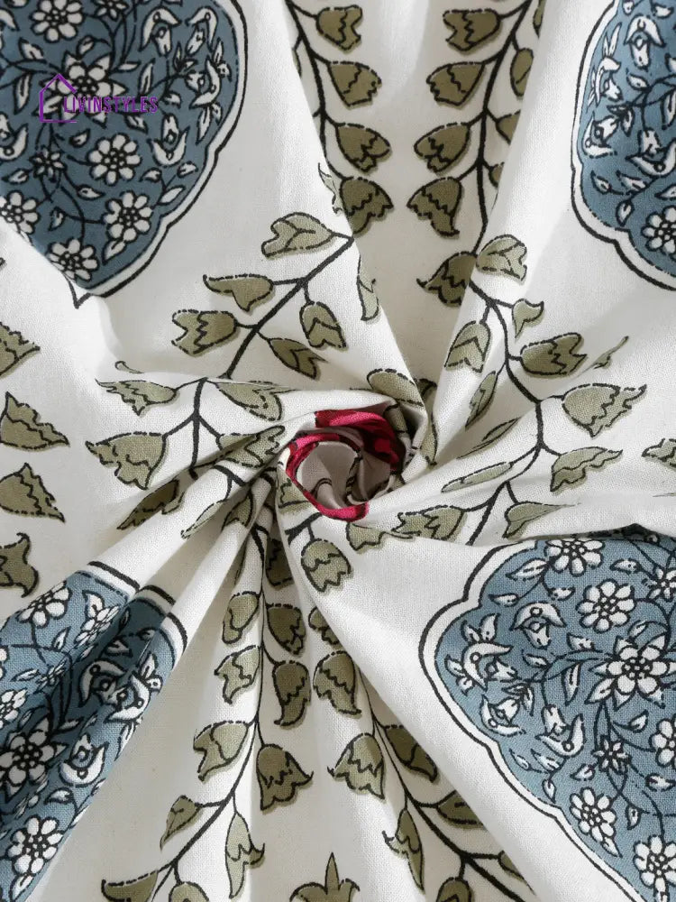 White And Grey Cotton Jaipur Floral Print King Size Bedsheet With 2 Pillow Covers