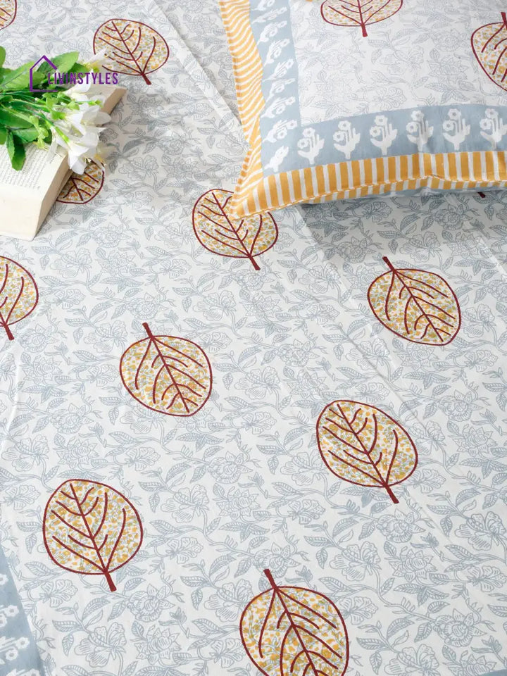 White And Grey Leaf Printed Cotton Double Bed Sheet With 2 Pillow Covers