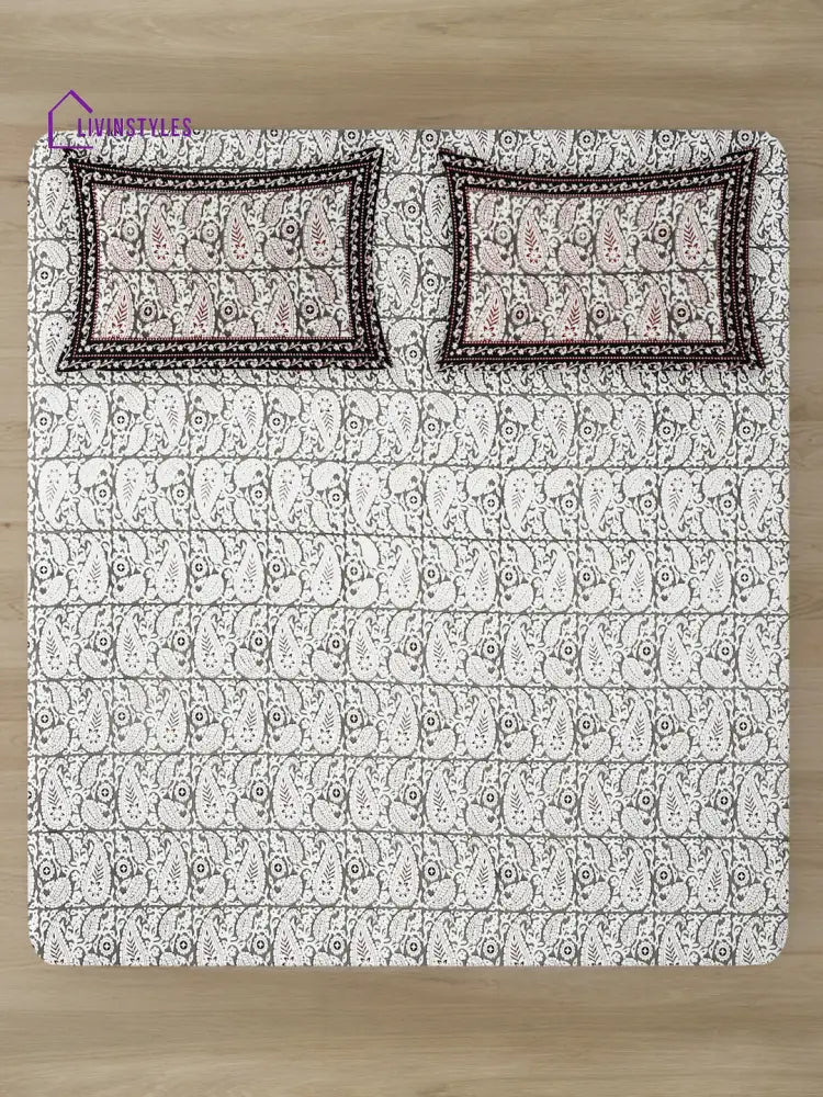 White And Grey Paisley Print 180 Tc Cotton Double Bed Sheet With 2 Pillow Covers