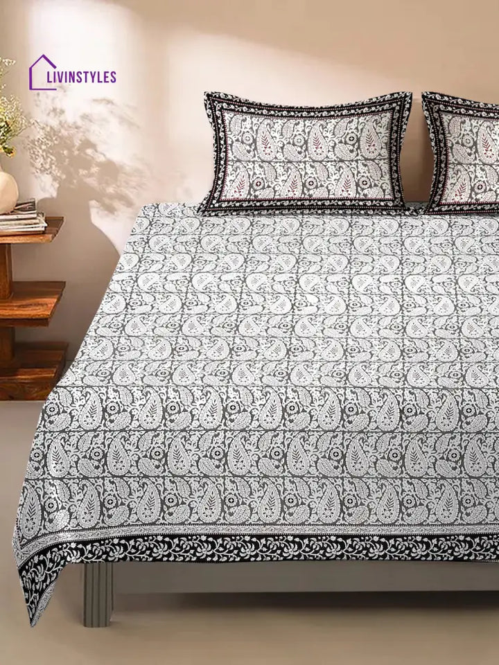 White And Grey Paisley Print 180 Tc Cotton Double Bed Sheet With 2 Pillow Covers