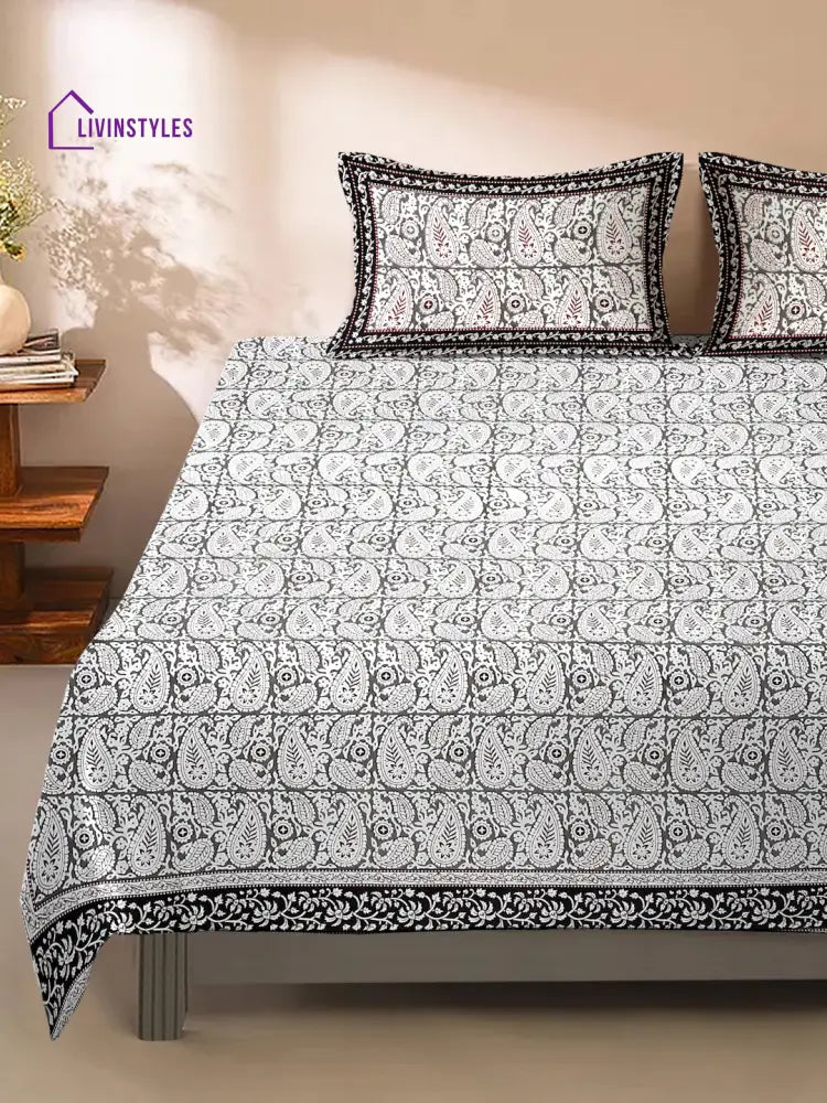 White And Grey Paisley Print 180 Tc Cotton Double Bed Sheet With 2 Pillow Covers