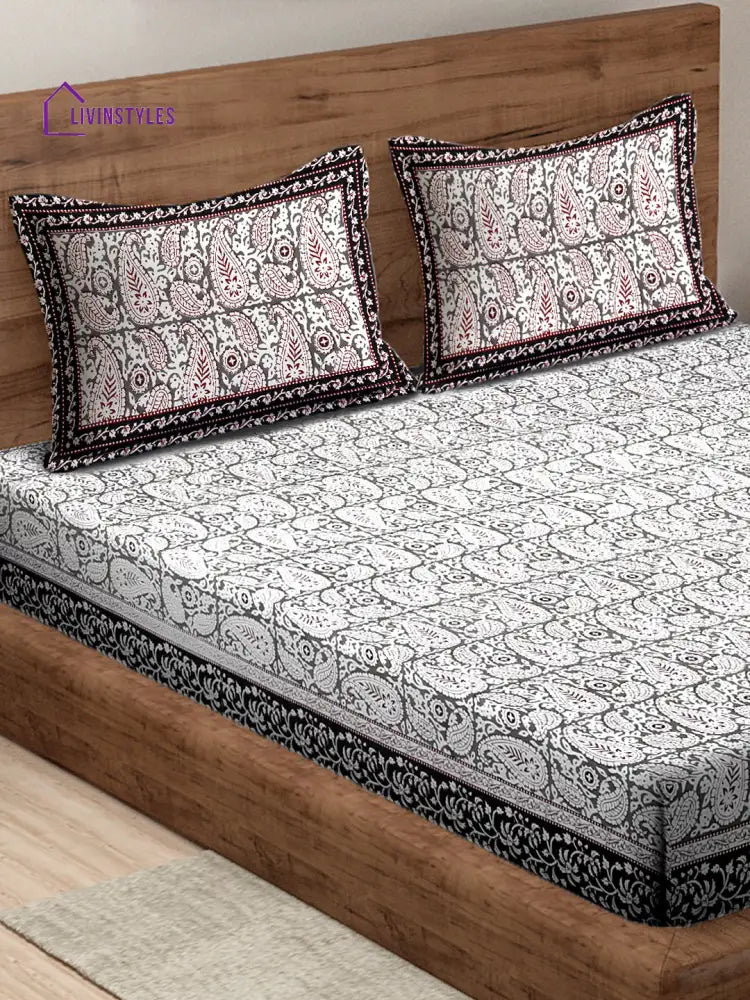 White And Grey Paisley Print 180 Tc Cotton Double Bed Sheet With 2 Pillow Covers