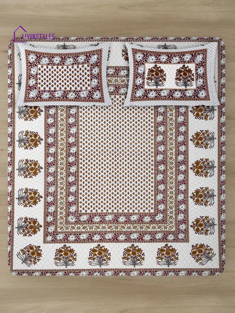 White And Grey Screen Jaipuri Indie Print 180 Tc Cotton Double Bed Sheet With 2 Pillow Covers