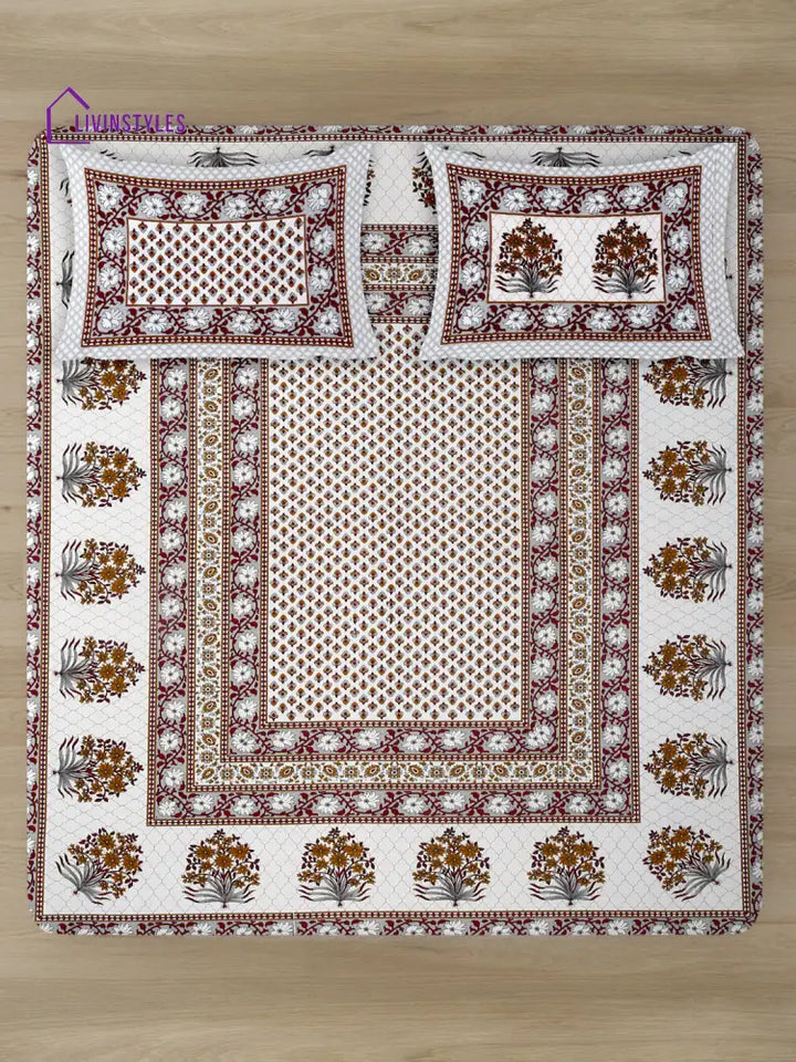 White And Grey Screen Jaipuri Indie Print 180 Tc Cotton Double Bed Sheet With 2 Pillow Covers