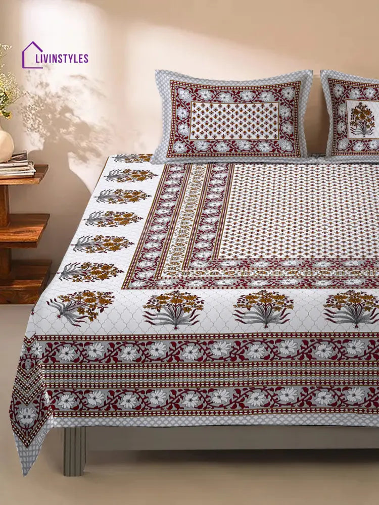 White And Grey Screen Jaipuri Indie Print 180 Tc Cotton Double Bed Sheet With 2 Pillow Covers