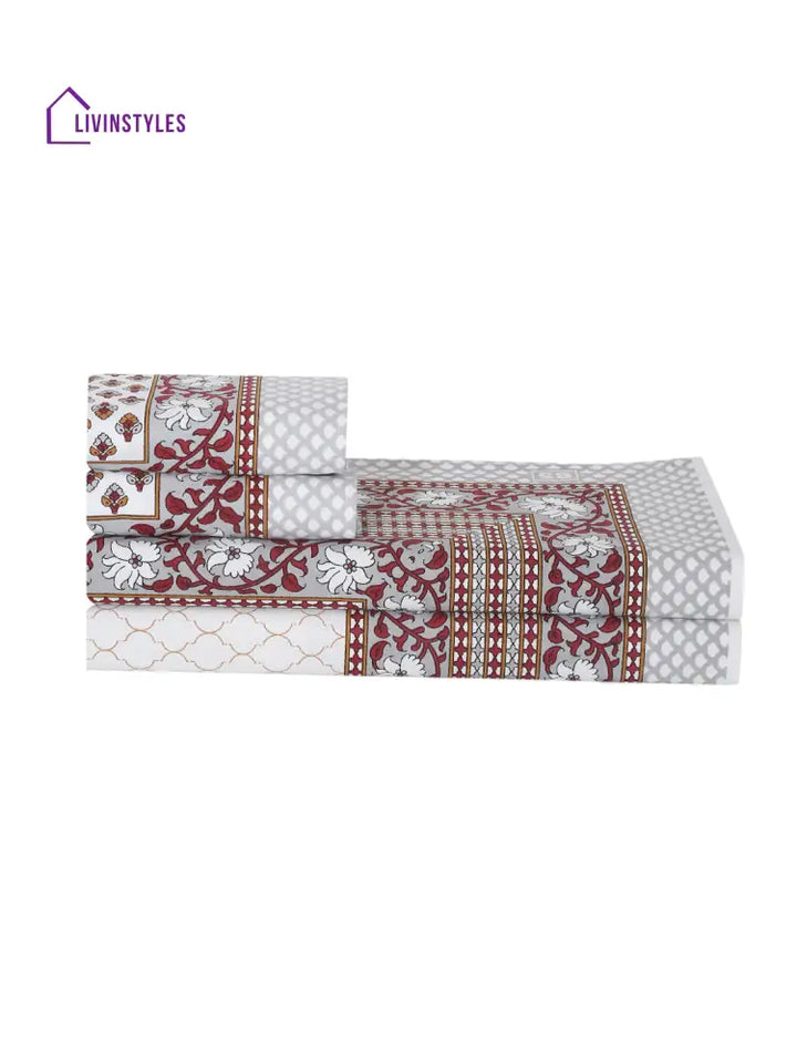 White And Grey Screen Jaipuri Indie Print 180 Tc Cotton Double Bed Sheet With 2 Pillow Covers