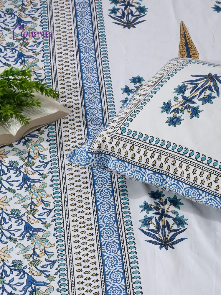 White And Indigo Ethnic Motif Print 144 Tc Cotton Single Bed Sheet With 1 Pillow Cover