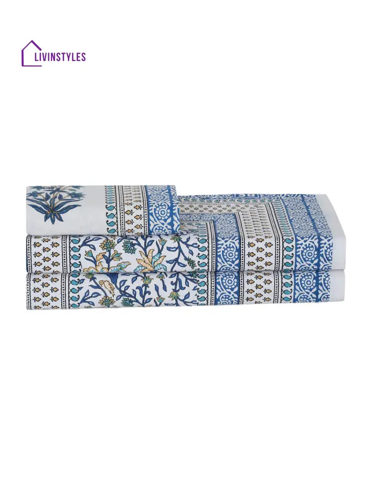 White And Indigo Ethnic Motif Print 144 Tc Cotton Single Bed Sheet With 1 Pillow Cover