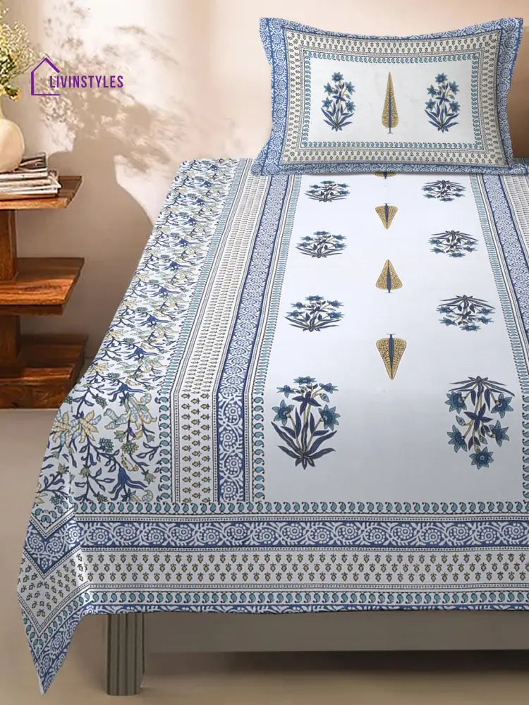 White And Indigo Ethnic Motif Print 144 Tc Cotton Single Bed Sheet With 1 Pillow Cover