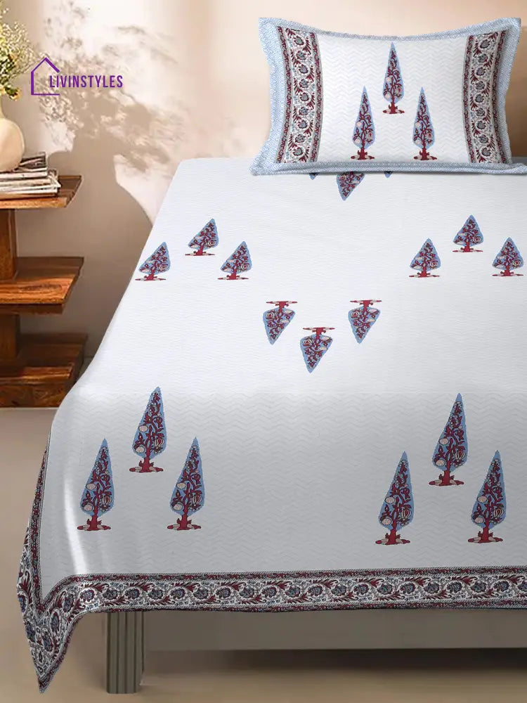 White And Indigo Ethnic Motif Print 144 Tc Cotton Single Bed Sheet With 1 Pillow Cover