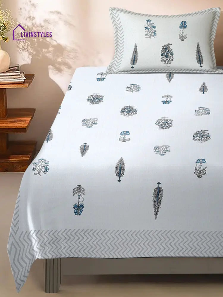 White And Indigo Ethnic Motif Print 144 Tc Cotton Single Bed Sheet With 1 Pillow Cover