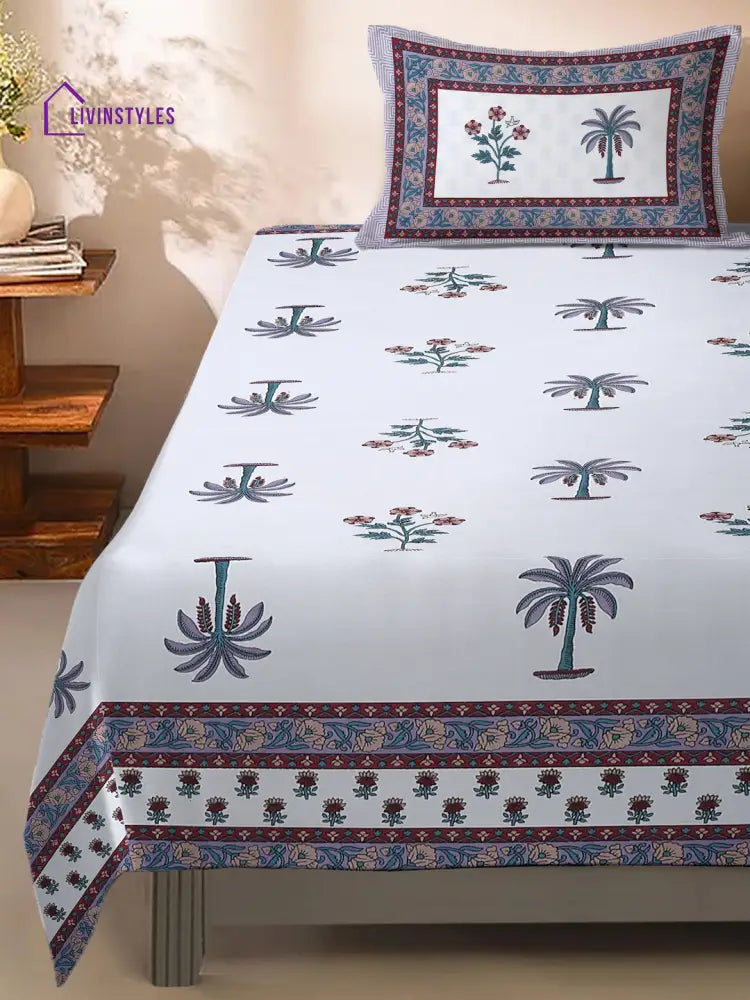 White And Indigo Ethnic Motif Print 144 Tc Cotton Single Bed Sheet With 1 Pillow Cover