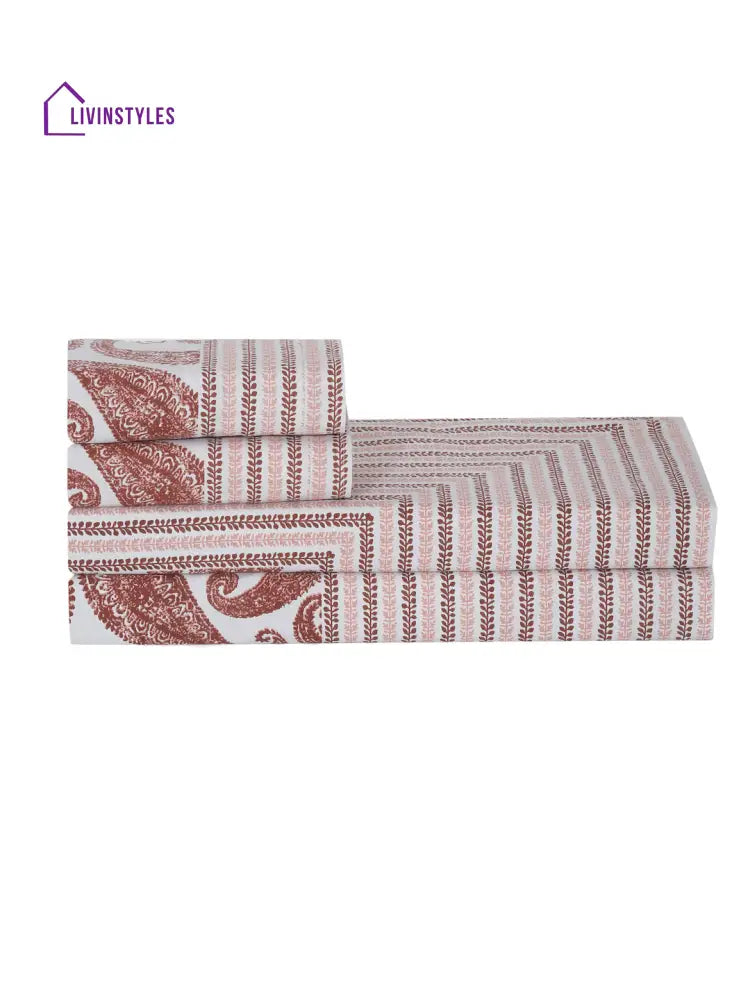 White And Maroon Paisley Print 180 Tc Cotton Double Bed Sheet With 2 Pillow Covers