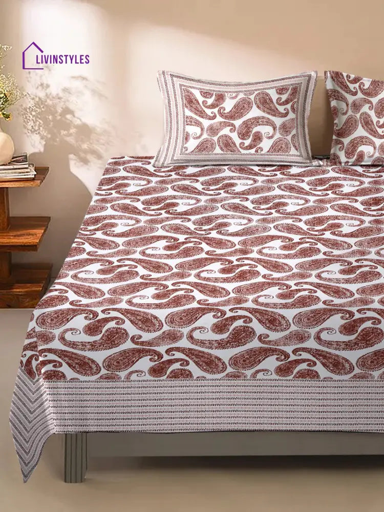 White And Maroon Paisley Print 180 Tc Cotton Double Bed Sheet With 2 Pillow Covers