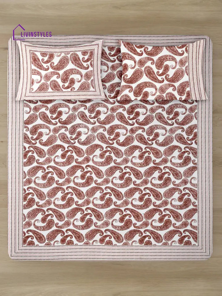 White And Maroon Paisley Print 180 Tc Cotton Double Bed Sheet With 2 Pillow Covers