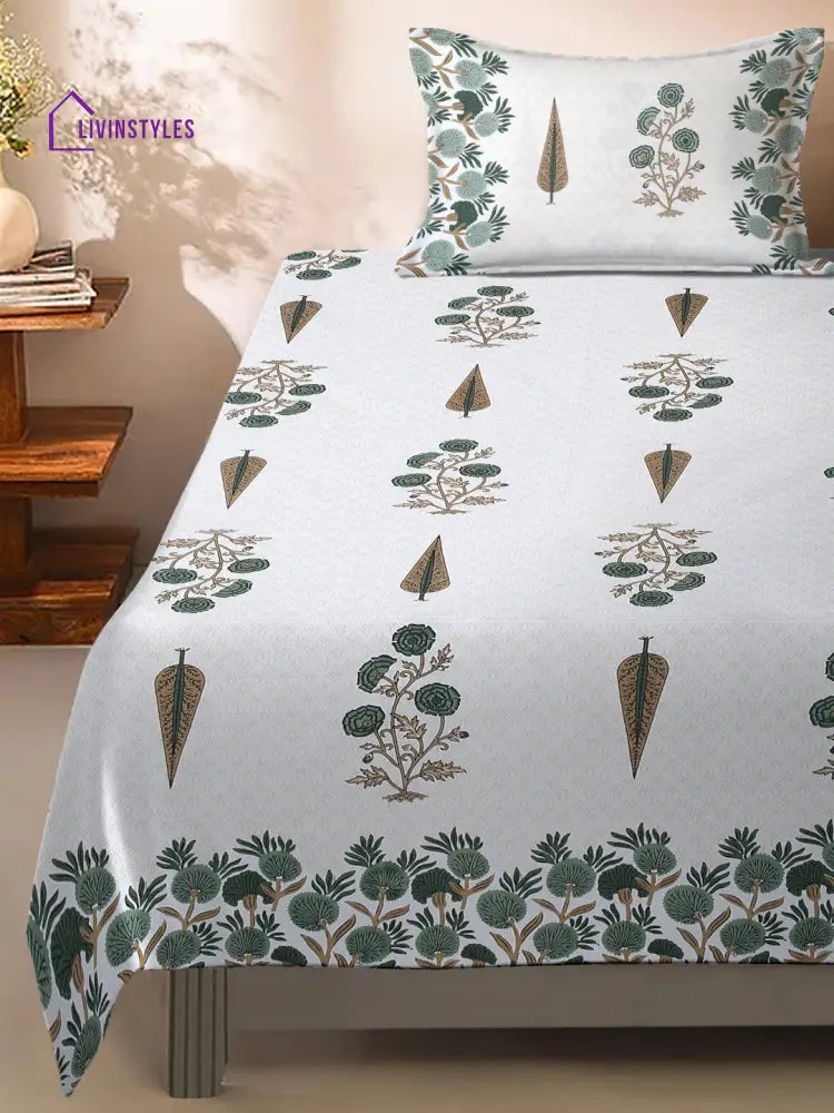 White And Olive Ethnic Motif Print 144 Tc Cotton Single Bed Sheet With 1 Pillow Cover