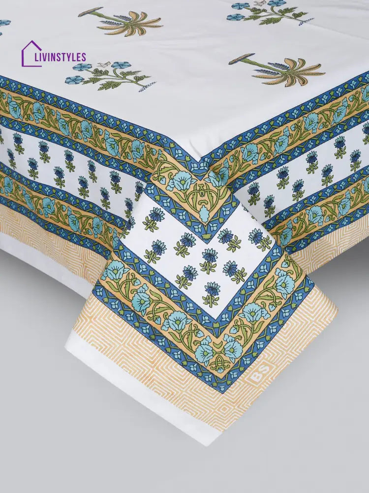 White And Olive Ethnic Motif Print 144 Tc Cotton Single Bed Sheet With 1 Pillow Cover