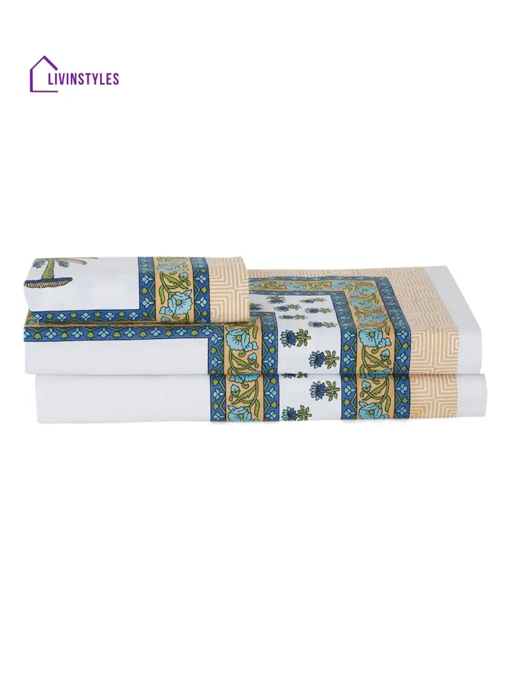 White And Olive Ethnic Motif Print 144 Tc Cotton Single Bed Sheet With 1 Pillow Cover