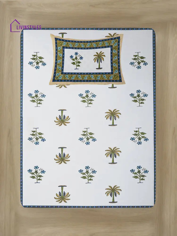 White And Olive Ethnic Motif Print 144 Tc Cotton Single Bed Sheet With 1 Pillow Cover