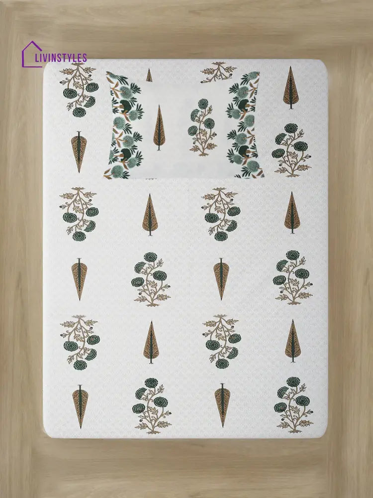 White And Olive Ethnic Motif Print 144 Tc Cotton Single Bed Sheet With 1 Pillow Cover