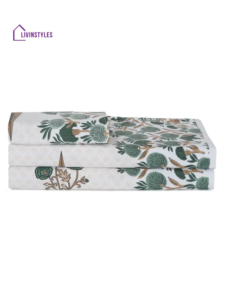 White And Olive Ethnic Motif Print 144 Tc Cotton Single Bed Sheet With 1 Pillow Cover