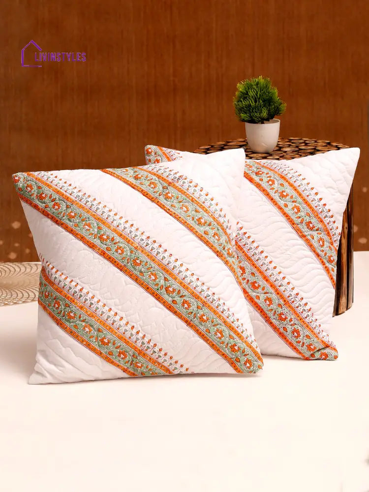 White And Orange Hand Block Quilted Pure Cotton Floral Cushion Cover Set Of 2 (16X16 Inch)