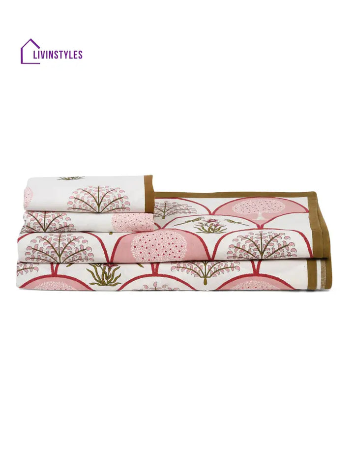 White And Peach Cotton Jaipur Floral Print King Size Bedsheet With 2 Pillow Covers