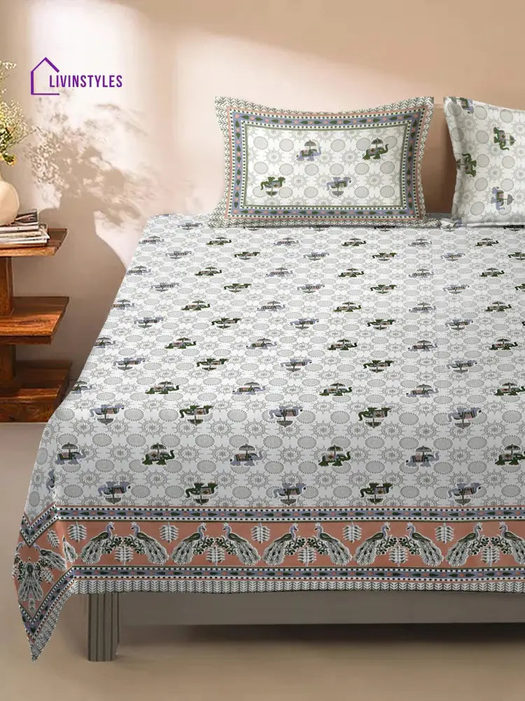 White And Peach Ethnic Motif 200 Tc Cotton King Bed Sheet With 2 Pillow Covers