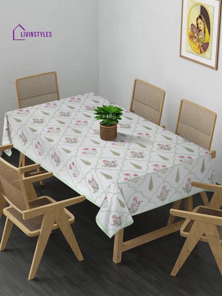 White And Pink 6 Seater Block Printed Ethnic Motifs Cotton Table Cover-60X90 Inch