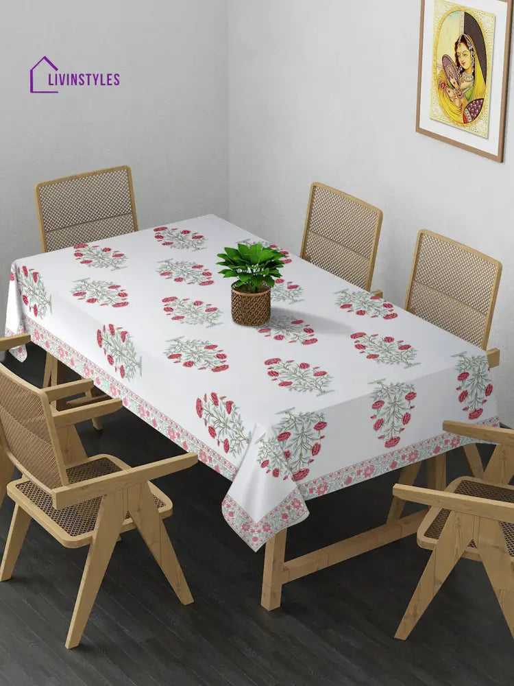 White And Pink 6 Seater Block Printed Floral Cotton Table Cover-60X90 Inch