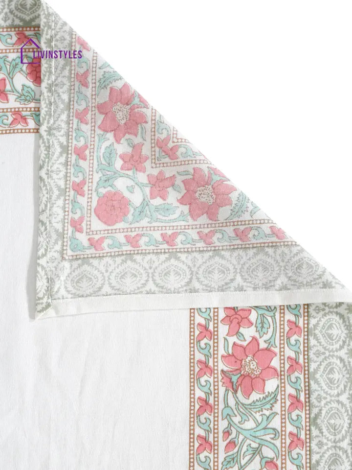 White And Pink 6 Seater Block Printed Floral Cotton Table Cover-60X90 Inch