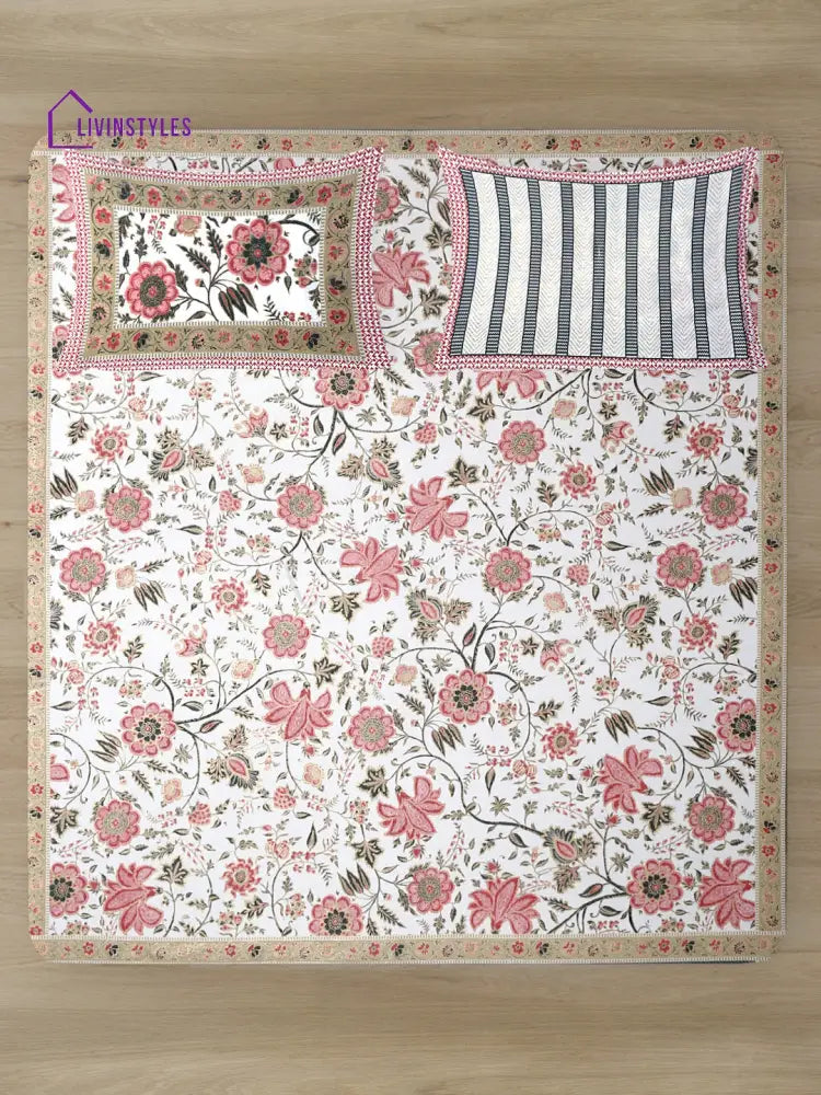 White And Pink Cotton Floral Print King Bed Sheet With 2 Pillow Covers