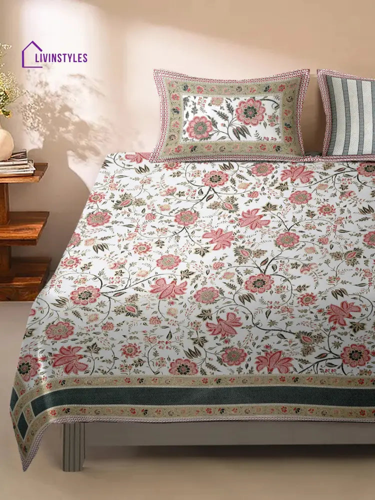 White And Pink Cotton Floral Print King Bed Sheet With 2 Pillow Covers