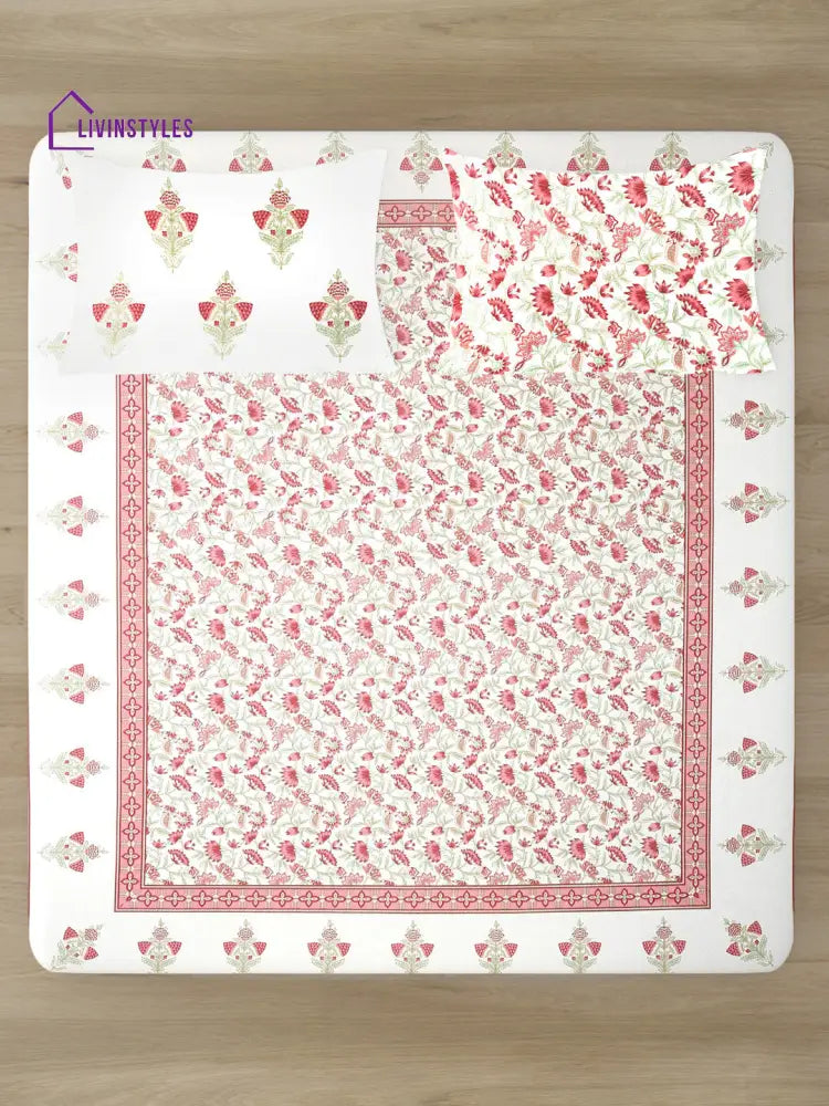 White And Pink Cotton Floral Print King Bed Sheet With 2 Pillow Covers