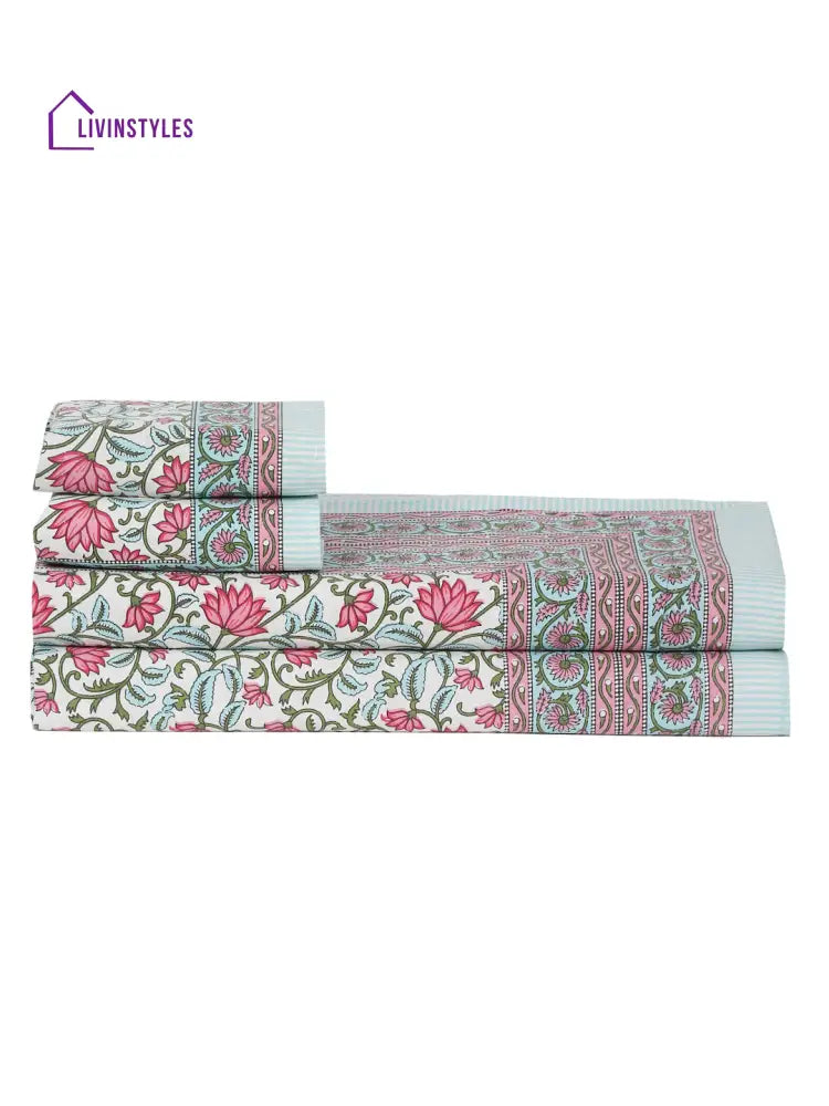 White And Pink Cotton Floral Print King Bed Sheet With 2 Pillow Covers