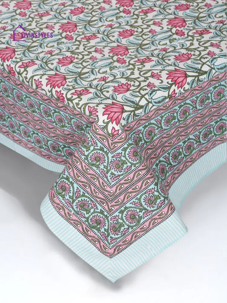 White And Pink Cotton Floral Print King Bed Sheet With 2 Pillow Covers