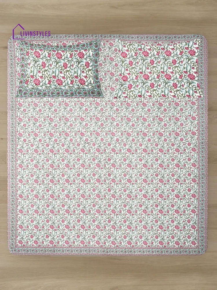 White And Pink Cotton Floral Print King Bed Sheet With 2 Pillow Covers