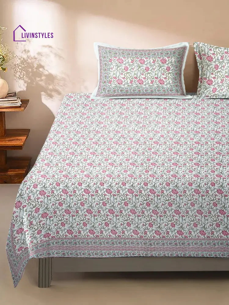 White And Pink Cotton Floral Print King Bed Sheet With 2 Pillow Covers