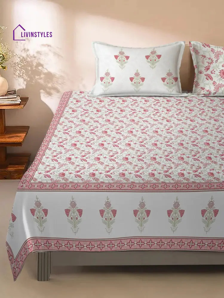 White And Pink Cotton Floral Print King Bed Sheet With 2 Pillow Covers