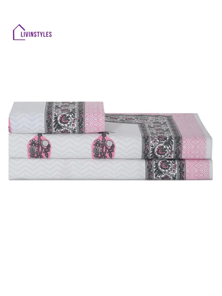 White And Pink Ethnic Motif Print 144 Tc Cotton Single Bed Sheet With 1 Pillow Cover