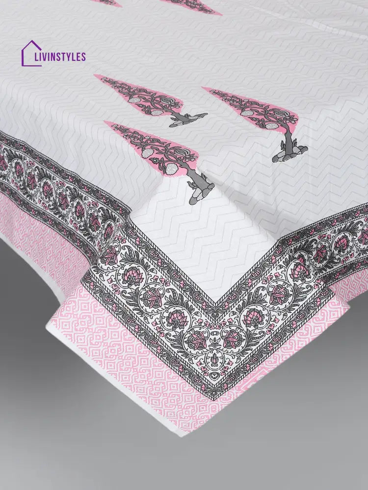 White And Pink Ethnic Motif Print 144 Tc Cotton Single Bed Sheet With 1 Pillow Cover