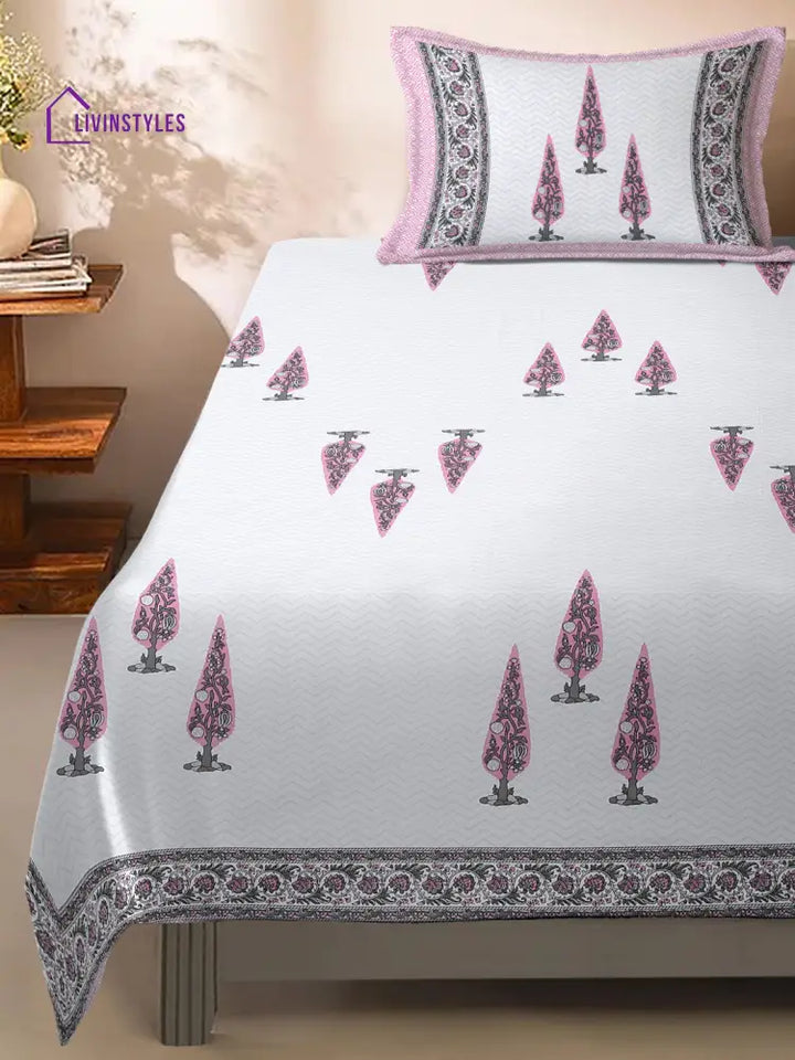 White And Pink Ethnic Motif Print 144 Tc Cotton Single Bed Sheet With 1 Pillow Cover