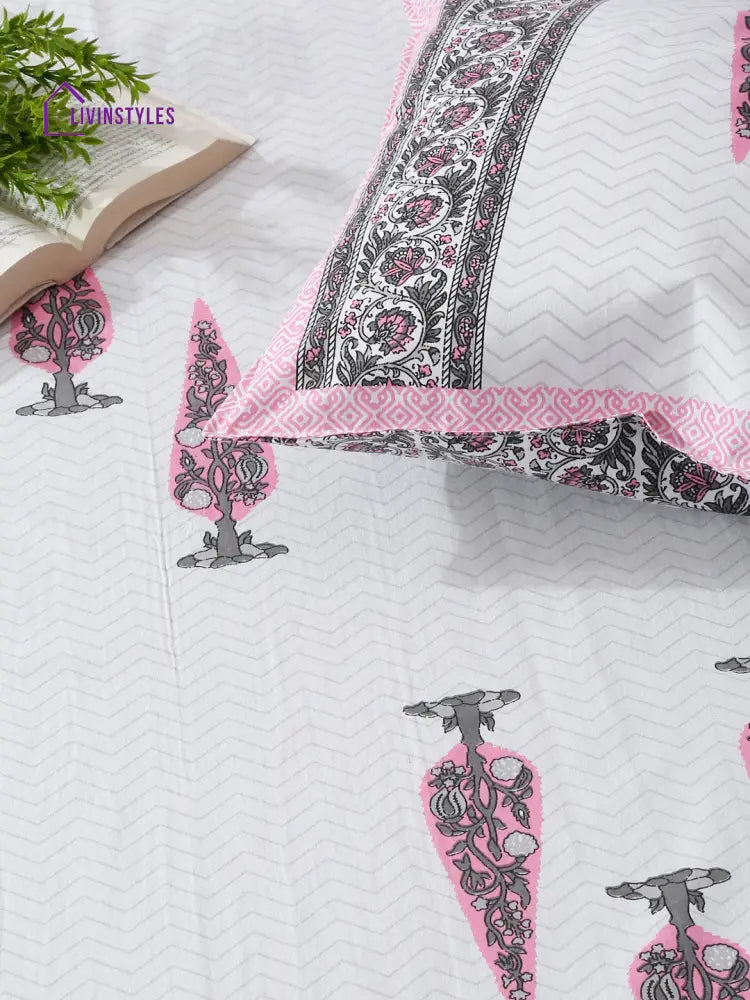 White And Pink Ethnic Motif Print 144 Tc Cotton Single Bed Sheet With 1 Pillow Cover