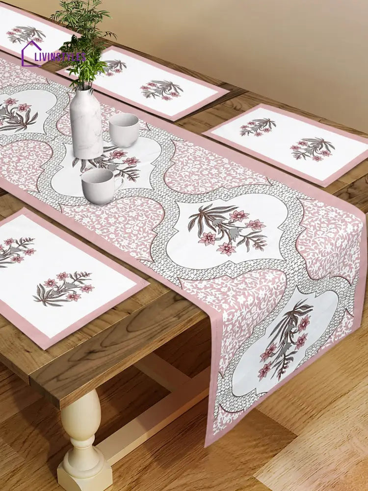 White And Pink Set Of 7 Cotton Printed Table Mat Runner