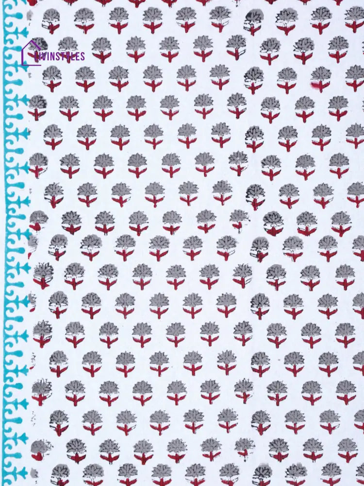 White And Red 6 Seater Block Printed Cotton Table Cover-60X90 Inch