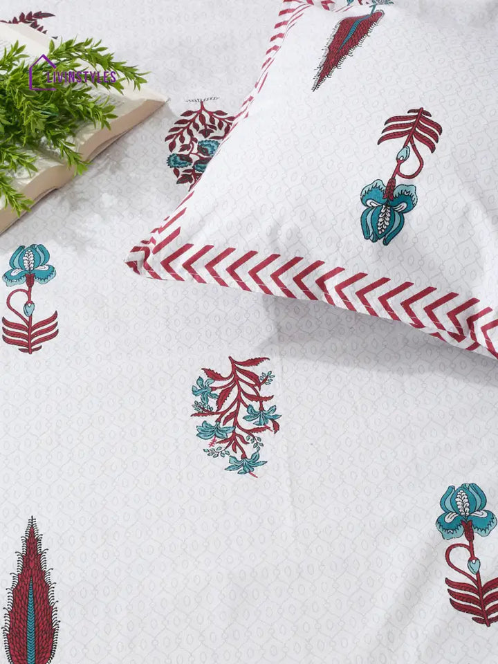 White And Red Ethnic Motif Print 144 Tc Cotton Single Bed Sheet With 1 Pillow Cover