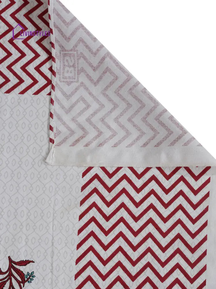 White And Red Ethnic Motif Print 144 Tc Cotton Single Bed Sheet With 1 Pillow Cover