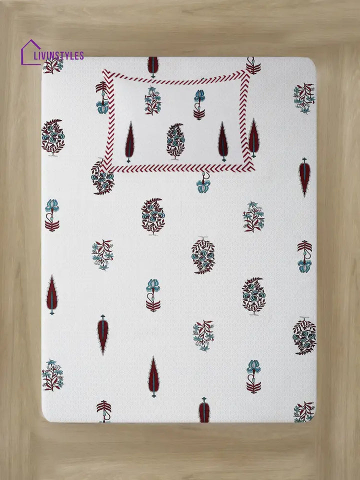 White And Red Ethnic Motif Print 144 Tc Cotton Single Bed Sheet With 1 Pillow Cover