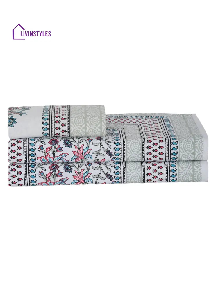 White And Red Ethnic Motif Print 144 Tc Cotton Single Bed Sheet With 1 Pillow Cover