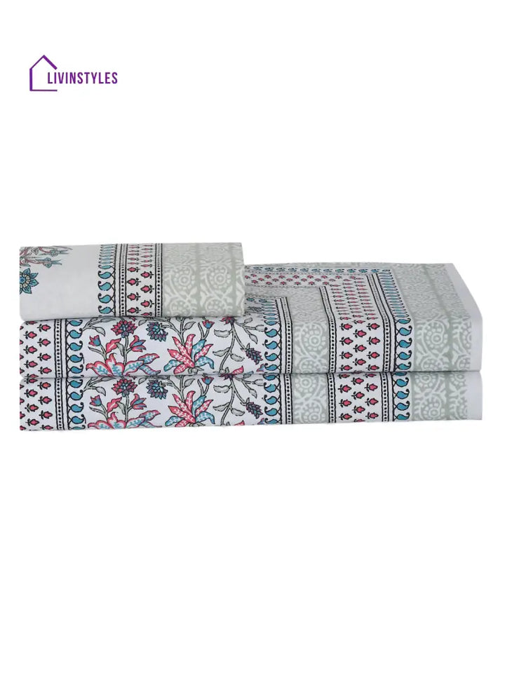 White And Red Ethnic Motif Print 144 Tc Cotton Single Bed Sheet With 1 Pillow Cover